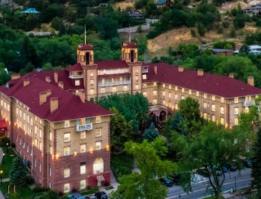 aerial view of Historic Hotel Colorado in Glenwood Springs, Colorado