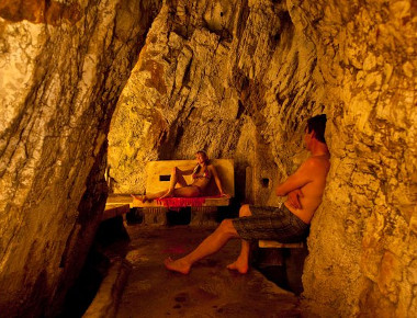 Two customers relaxing inside Yampah Spa & Vapor Caves